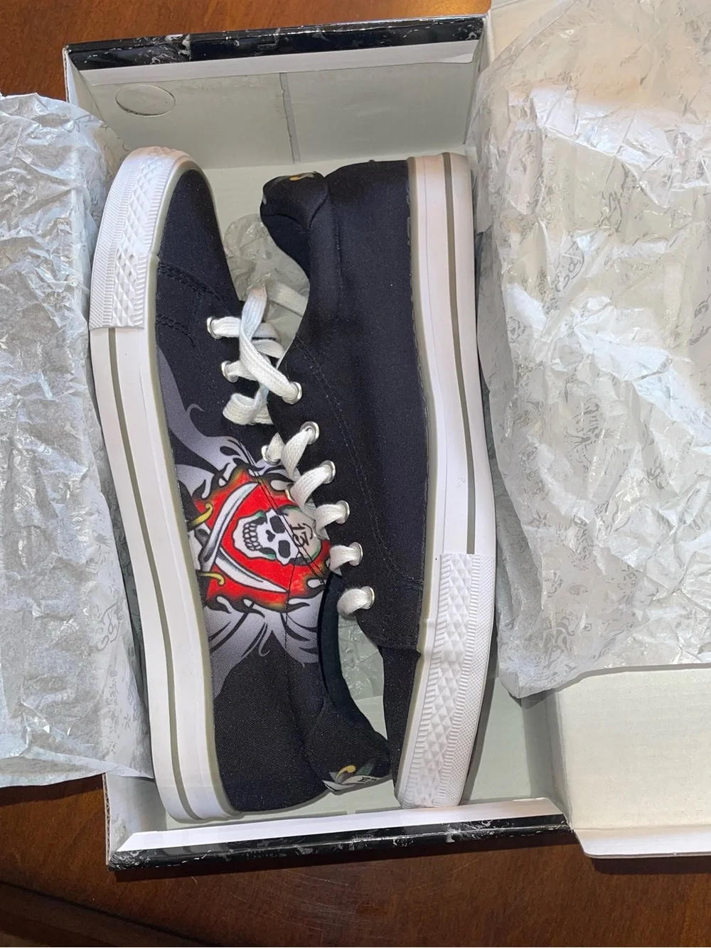 Ed Hardy Black Sneakers with Red and White Skull Graphic